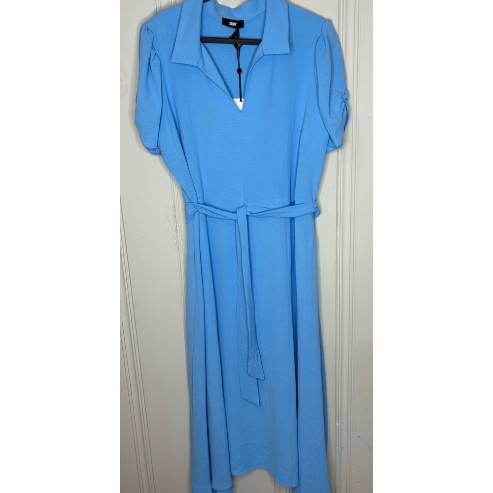 NEW DKNY Midi Dress 16 Blue Short Sleeve Belt V-Neck Collar Preppy Cottage Flowy
